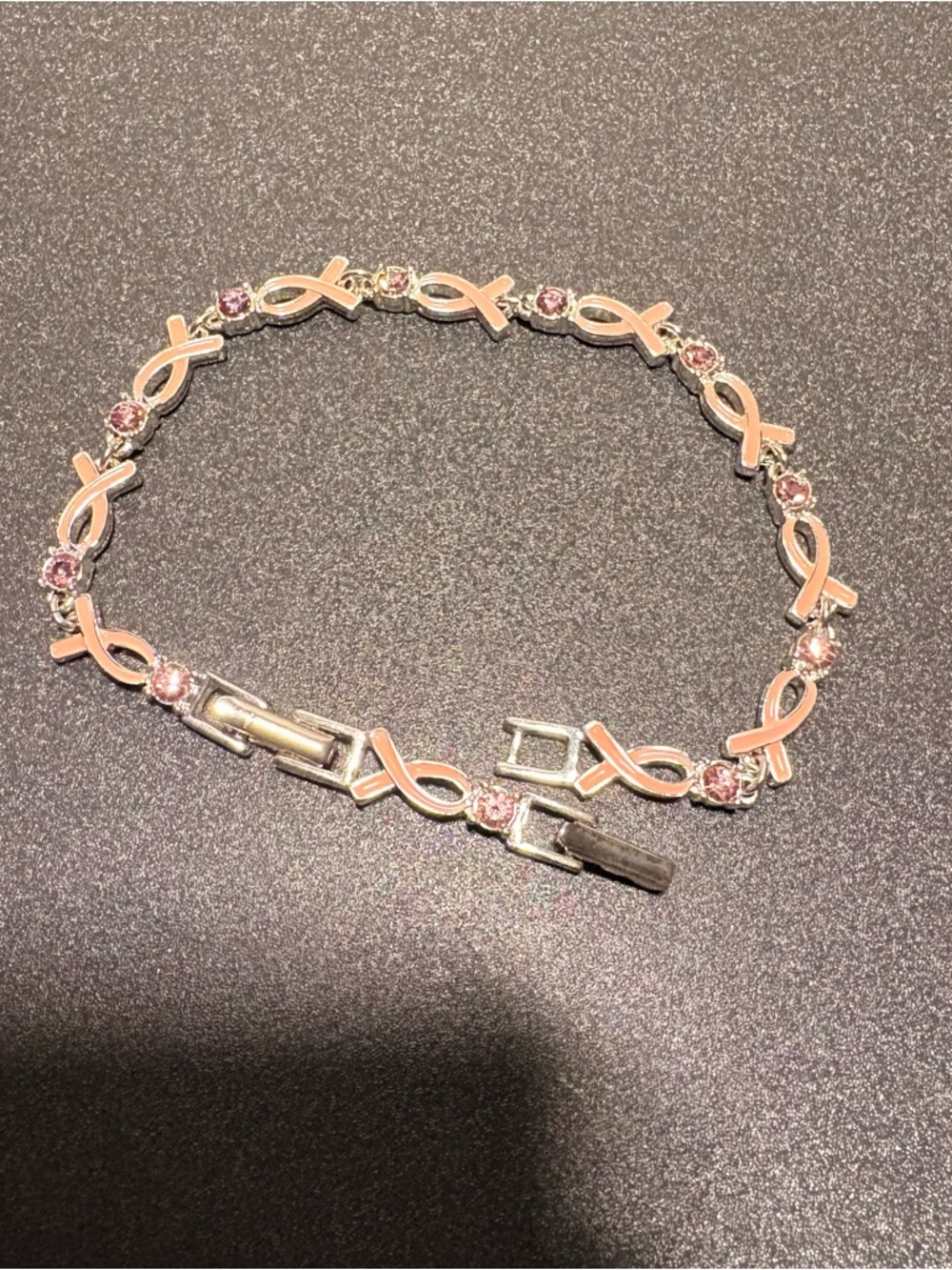 Pink Ribbon breast cancer Link Bracelet with Pink Crystal Accents